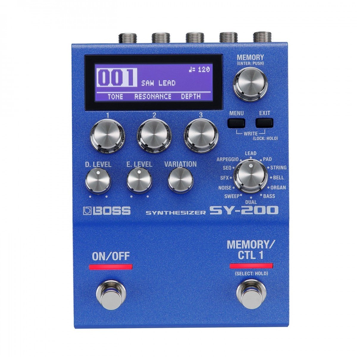 Phơ Synth BOSS SY-200 – mặt trên với màn hình, núm chọn TYPE, footswitch ON/OFF và MEMORY/CTL 1