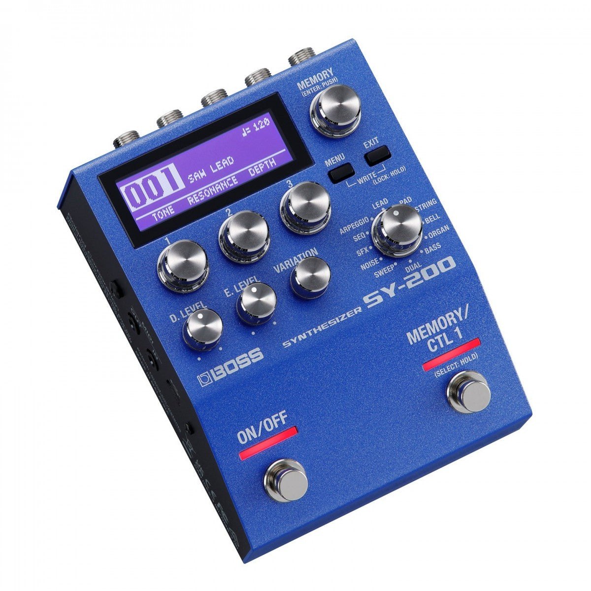 Phơ Synth BOSS SY-200 – góc nghiêng 3/4, màn hình hiển thị preset SAW LEAD