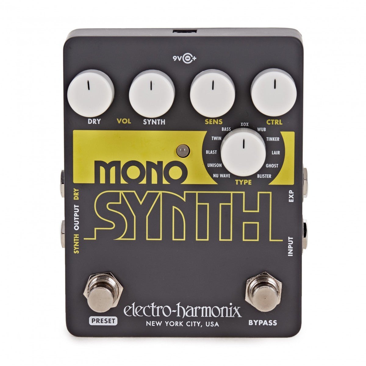 Phơ Synth Electro-Harmonix Mono Synth – mặt trên với núm DRY, VOL, SYNTH, SENS, CTRL và núm TYPE