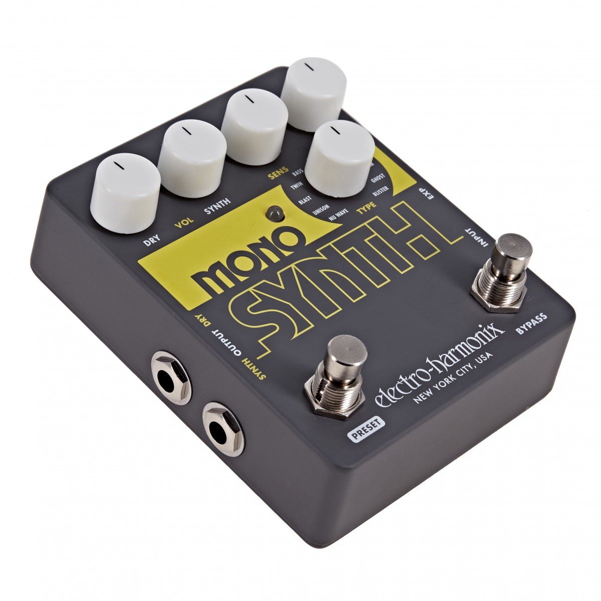 Phơ Synth Electro-Harmonix Mono Synth – góc nghiêng trái thấy cổng SYNTH OUTPUT và DRY