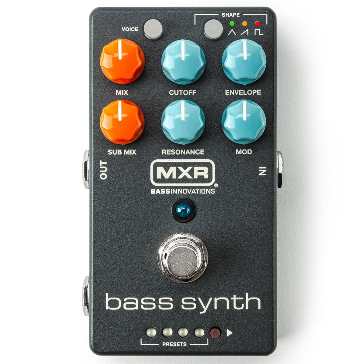Phơ Synth MXR MB301 Bass Synth – mặt trên với 6 núm, nút VOICE, SHAPE và dãy đèn PRESETS