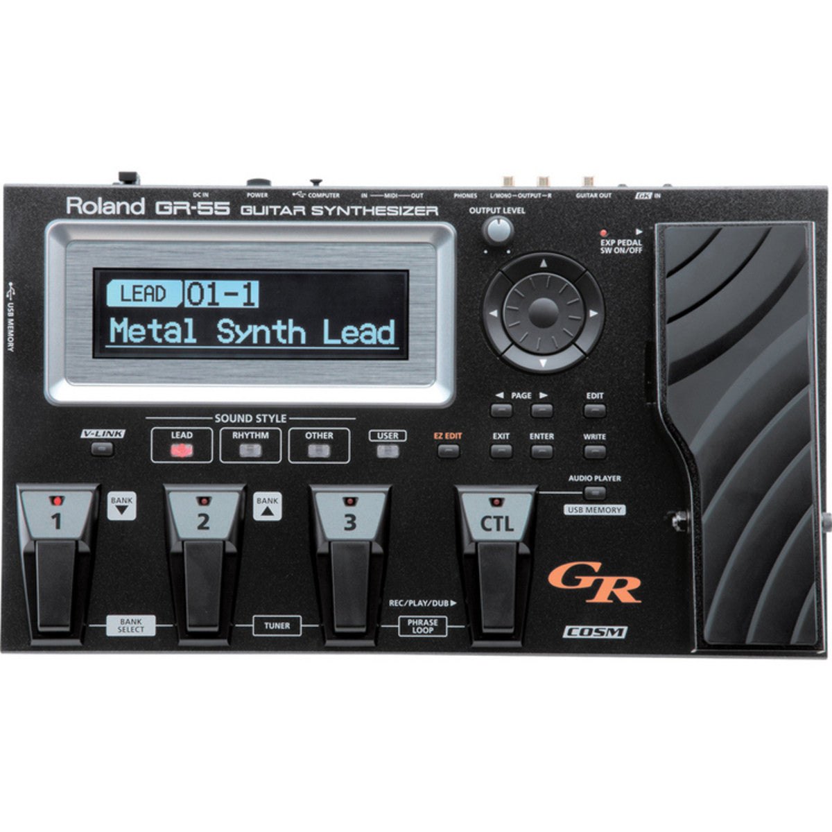 Phơ Synth Roland GR-55GK Guitar Synthesizer – mặt trên với màn hình LCD, 4 footswitch và pedal expression