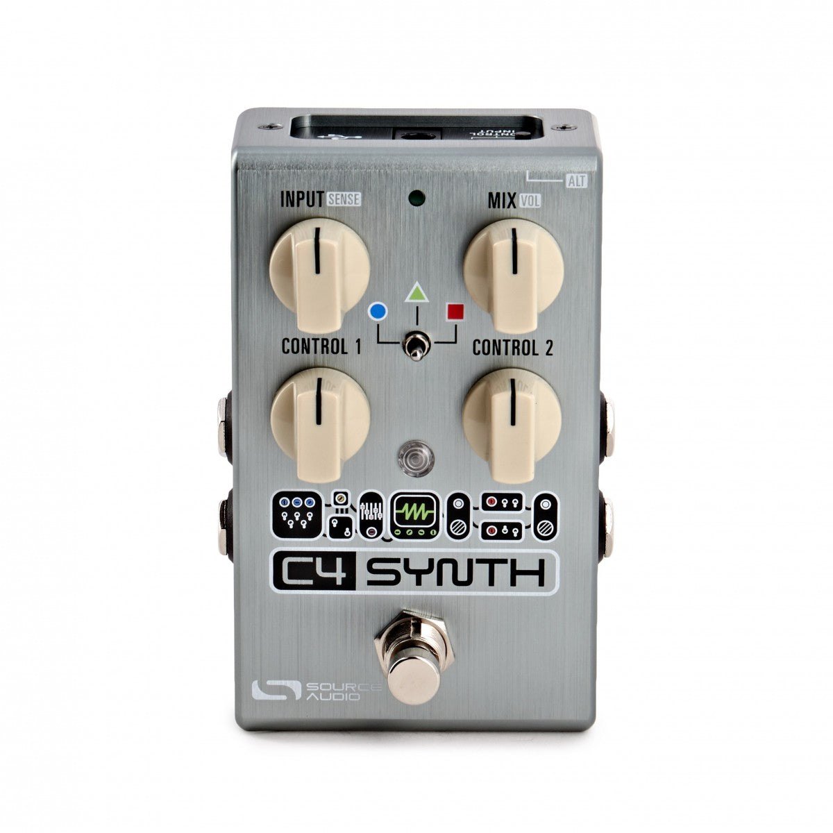 Phơ Synth Source Audio C4 Synth – mặt trên với núm INPUT, MIX, CONTROL 1, CONTROL 2 và công tắc 3 vị trí