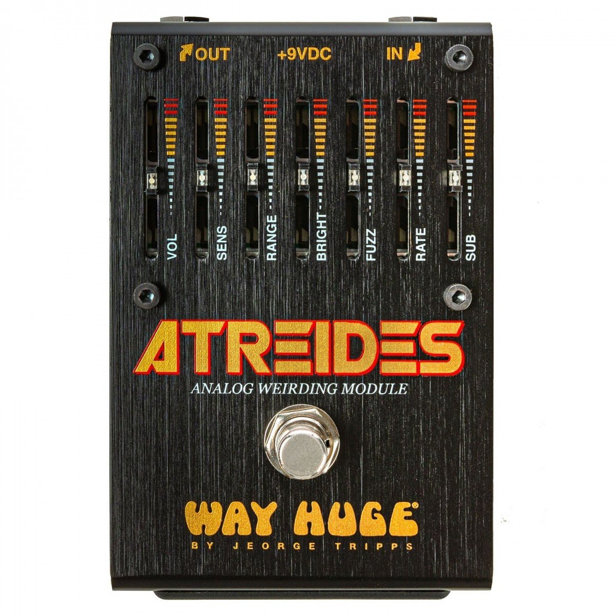 Phơ Synth Way Huge Atreides Analog Weirding Module WHE900 – mặt trên với 7 cần gạt VOL, SENS, RANGE, BRIGHT, FUZZ, RATE, SUB