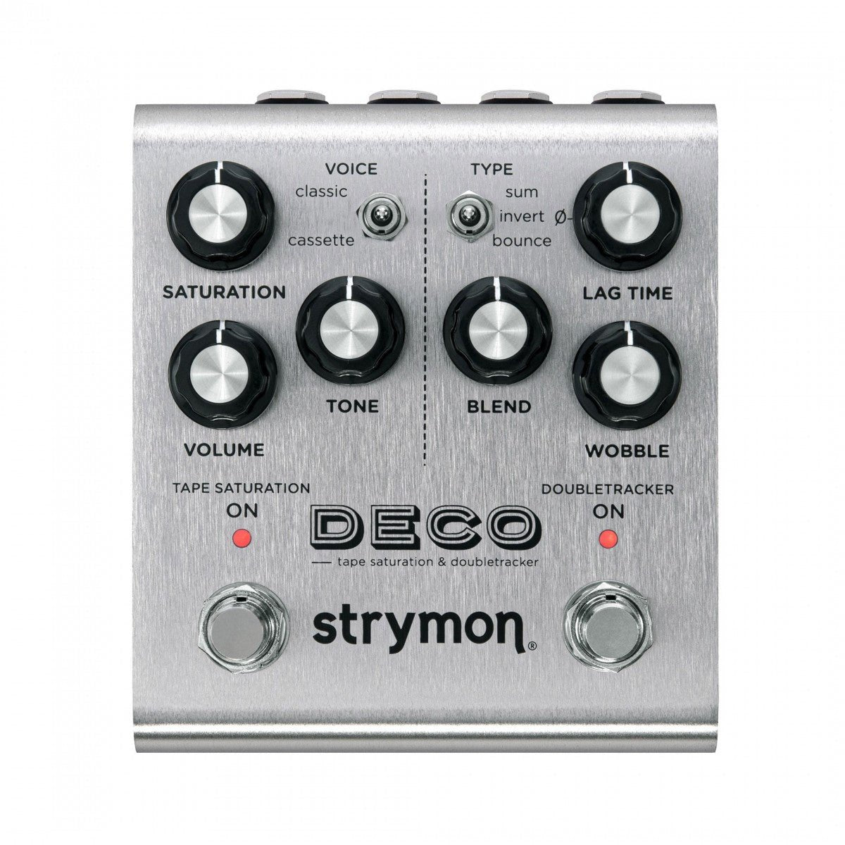 Phơ Tape Saturation Strymon Deco V2 Doubletracker – mặt trên với núm SATURATION, LAG TIME, BLEND, WOBBLE và 2 footswitch
