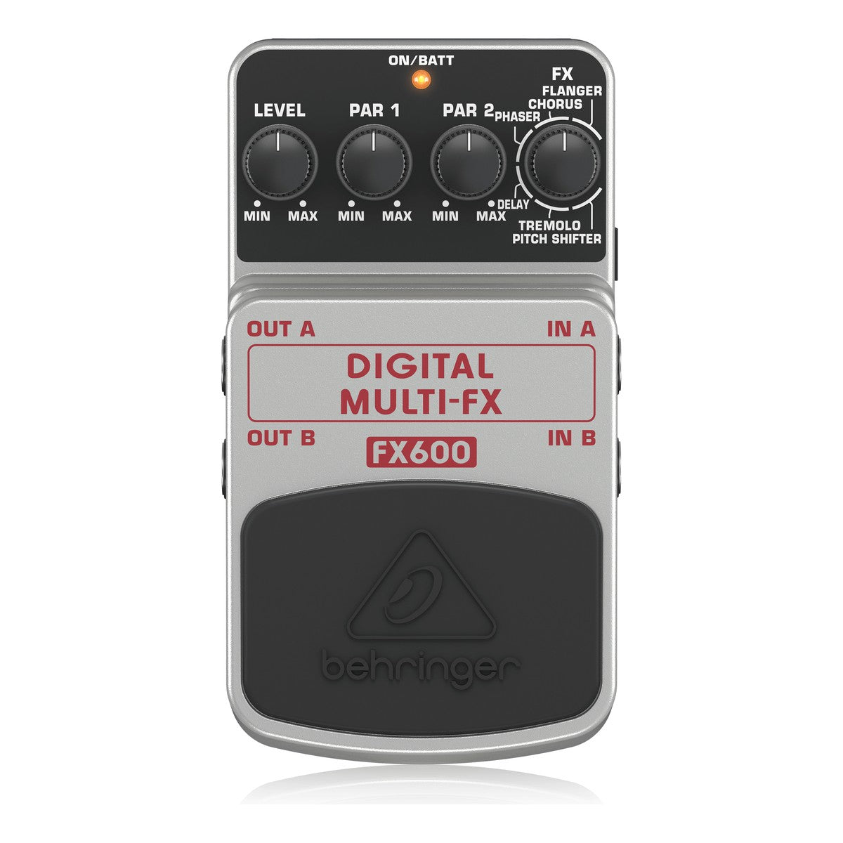 Behringer FX600 Digital Multi-FX nhìn thẳng mặt trên: núm LEVEL, PAR 1, PAR 2, FX và đèn ON/BATT