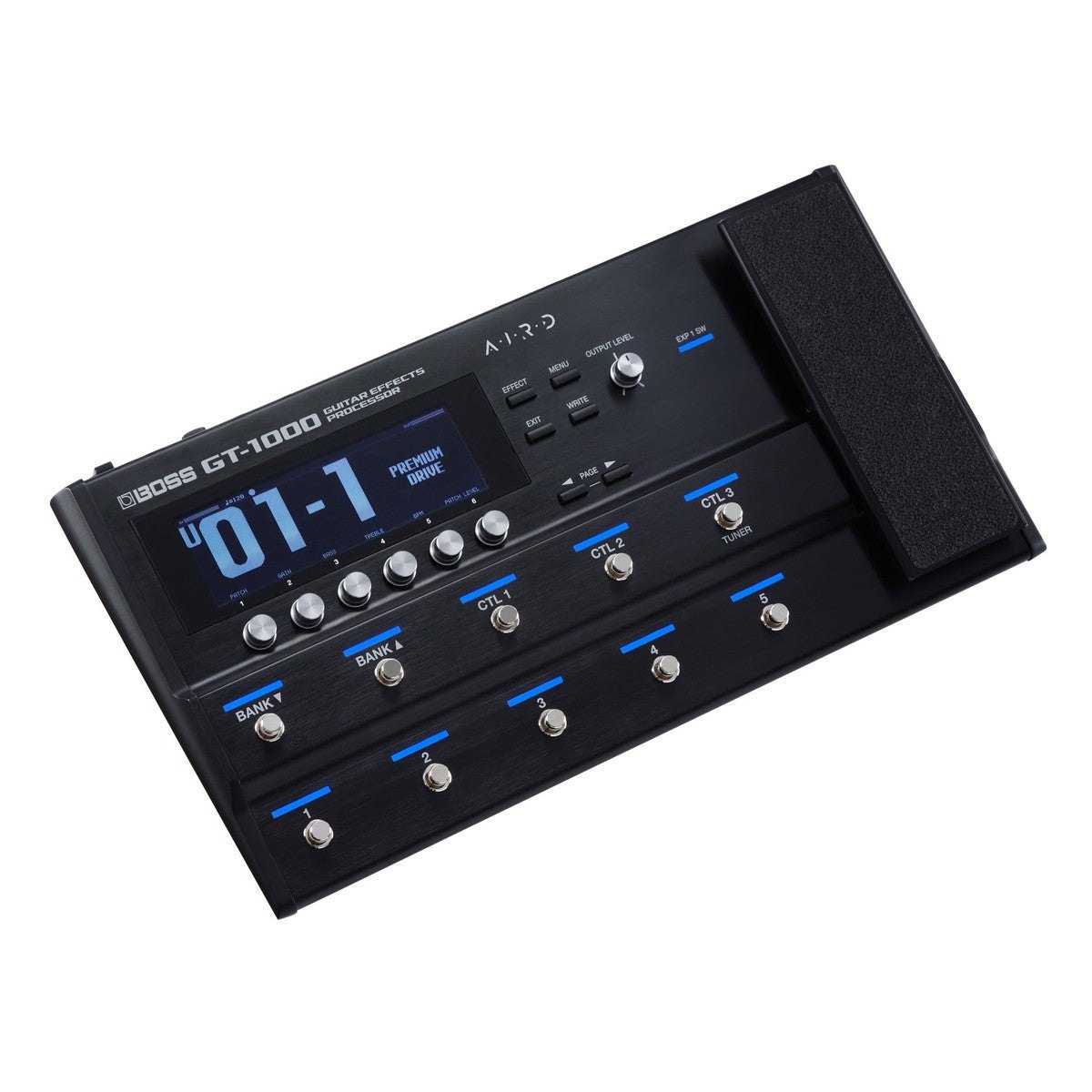 Phơ Tổng BOSS GT-1000 – góc nghiêng 3/4, màn hình hiển thị preset 01-1