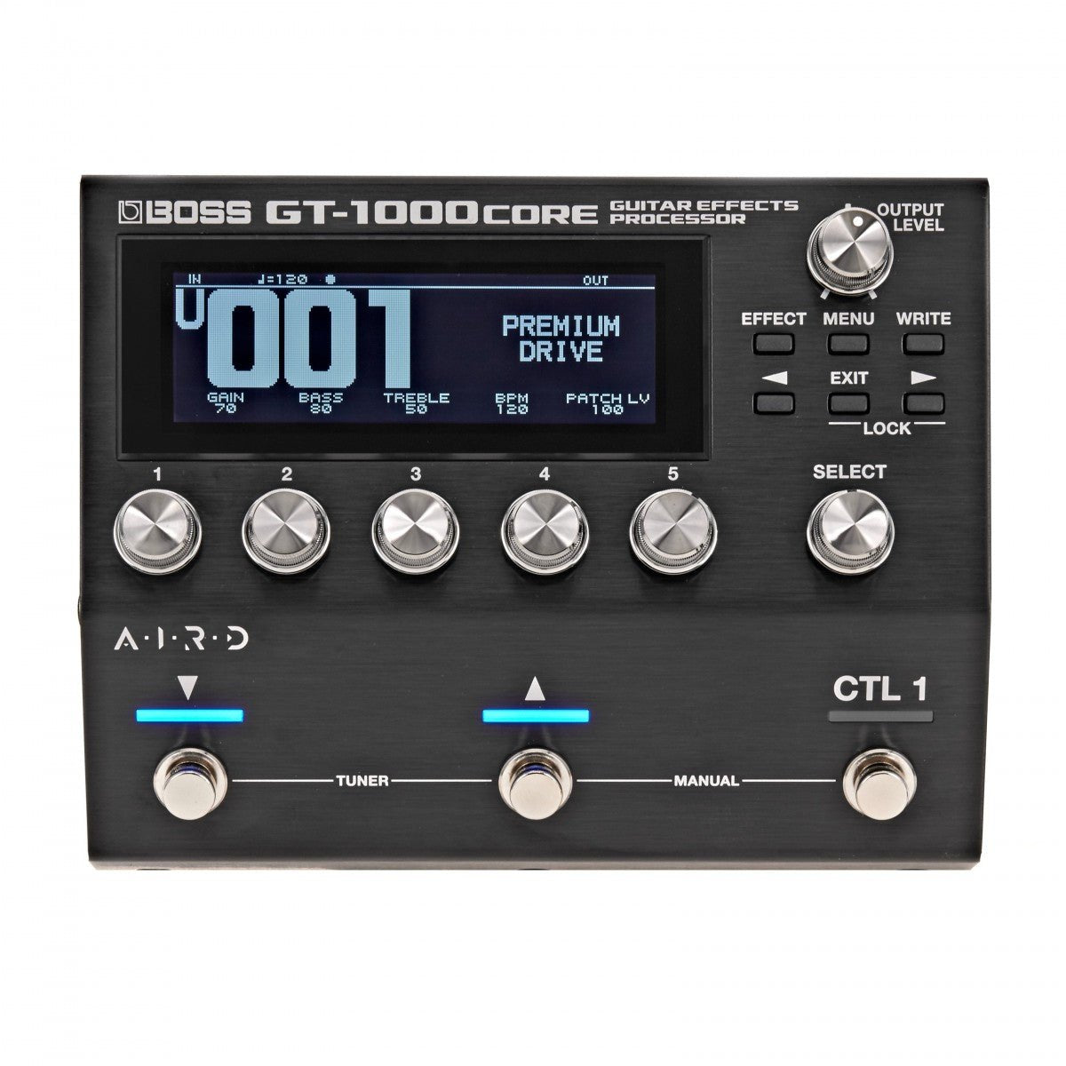 Phơ Tổng BOSS GT-1000CORE – mặt trên với màn hình LCD, 6 núm chỉnh và 3 công tắc bàn đạp