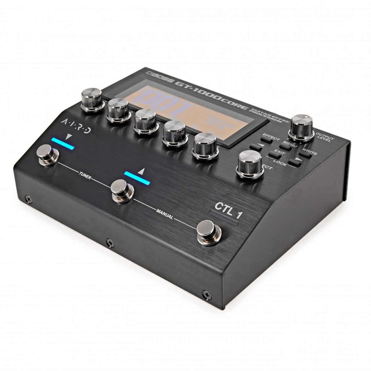 Phơ Tổng BOSS GT-1000CORE – góc nghiêng phải, thân kim loại đen với đèn LED xanh trên công tắc
