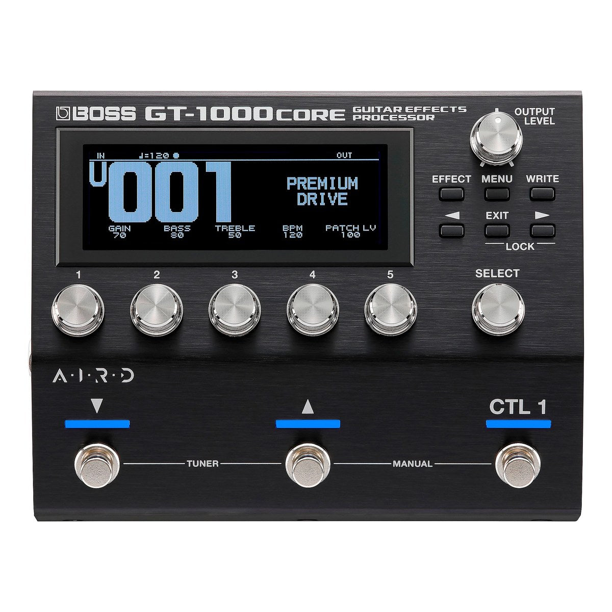 BOSS GT-1000CORE nhìn thẳng mặt trên: màn hình LCD, 5 núm chỉnh và 3 footswitch