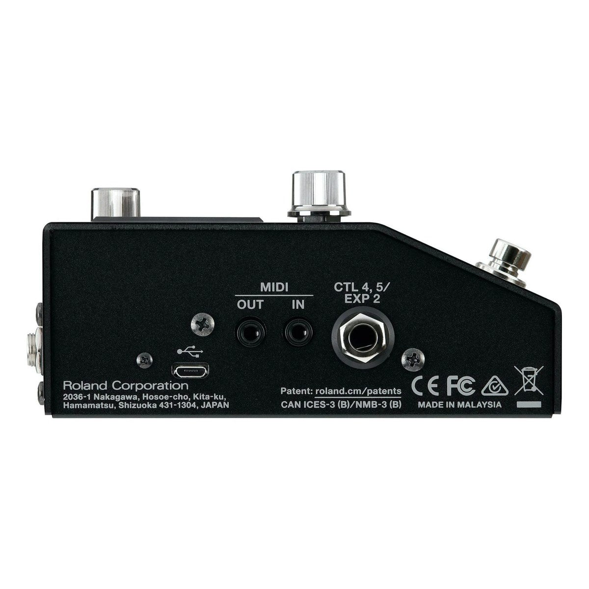 Cạnh bên BOSS GT-1000CORE: MIDI OUT/IN, cổng USB và jack CTL 4,5/EXP 2