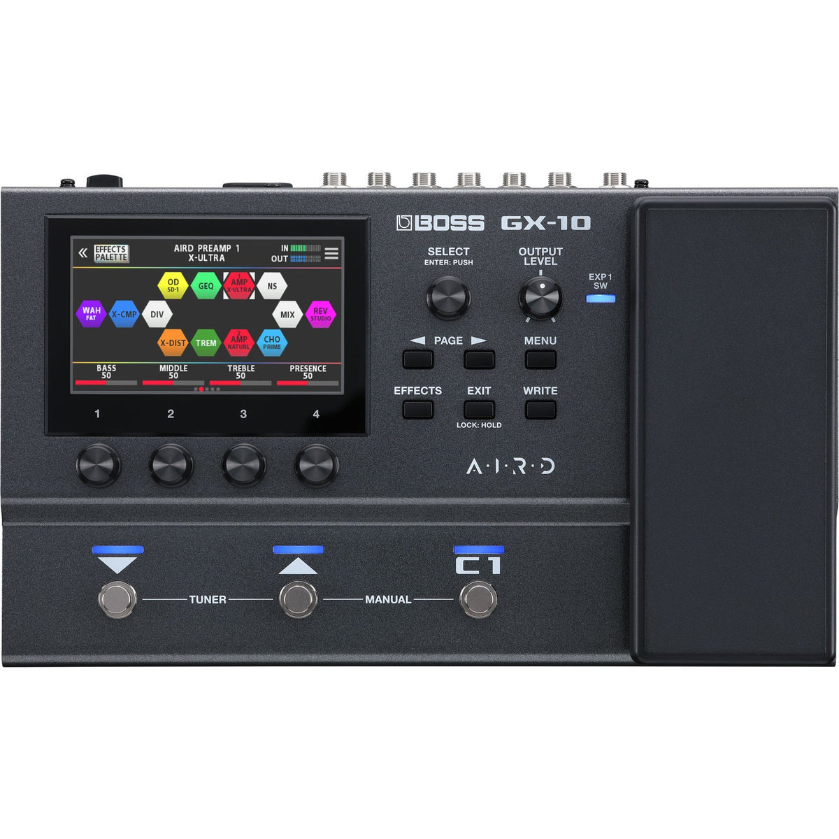 Phơ Tổng BOSS GX-10 – mặt trên nhìn thẳng: màn hình màu, núm chỉnh, 3 footswitch và pedal expression