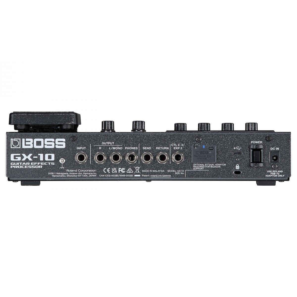 Phơ Tổng BOSS GX-10 – mặt sau với jack INPUT, OUTPUT, PHONES, SEND/RETURN, USB, DC IN