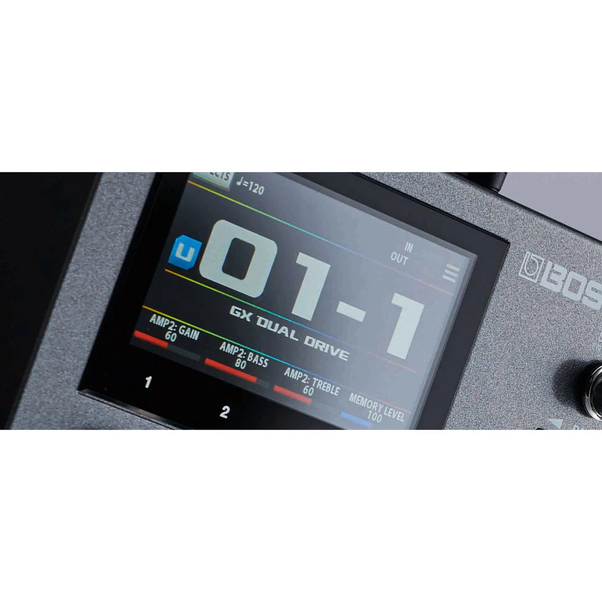 Phơ Tổng BOSS GX-10 – cận cảnh màn hình màu hiển thị patch 01-1 GX DUAL DRIVE
