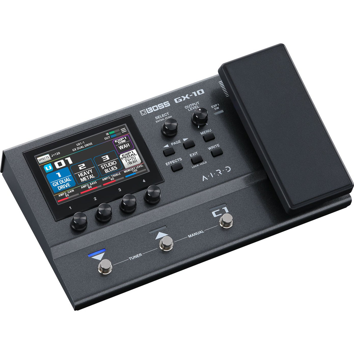 Phơ Tổng BOSS GX-10 – góc nghiêng 3/4 trên nền trắng, pedal expression tích hợp bên phải