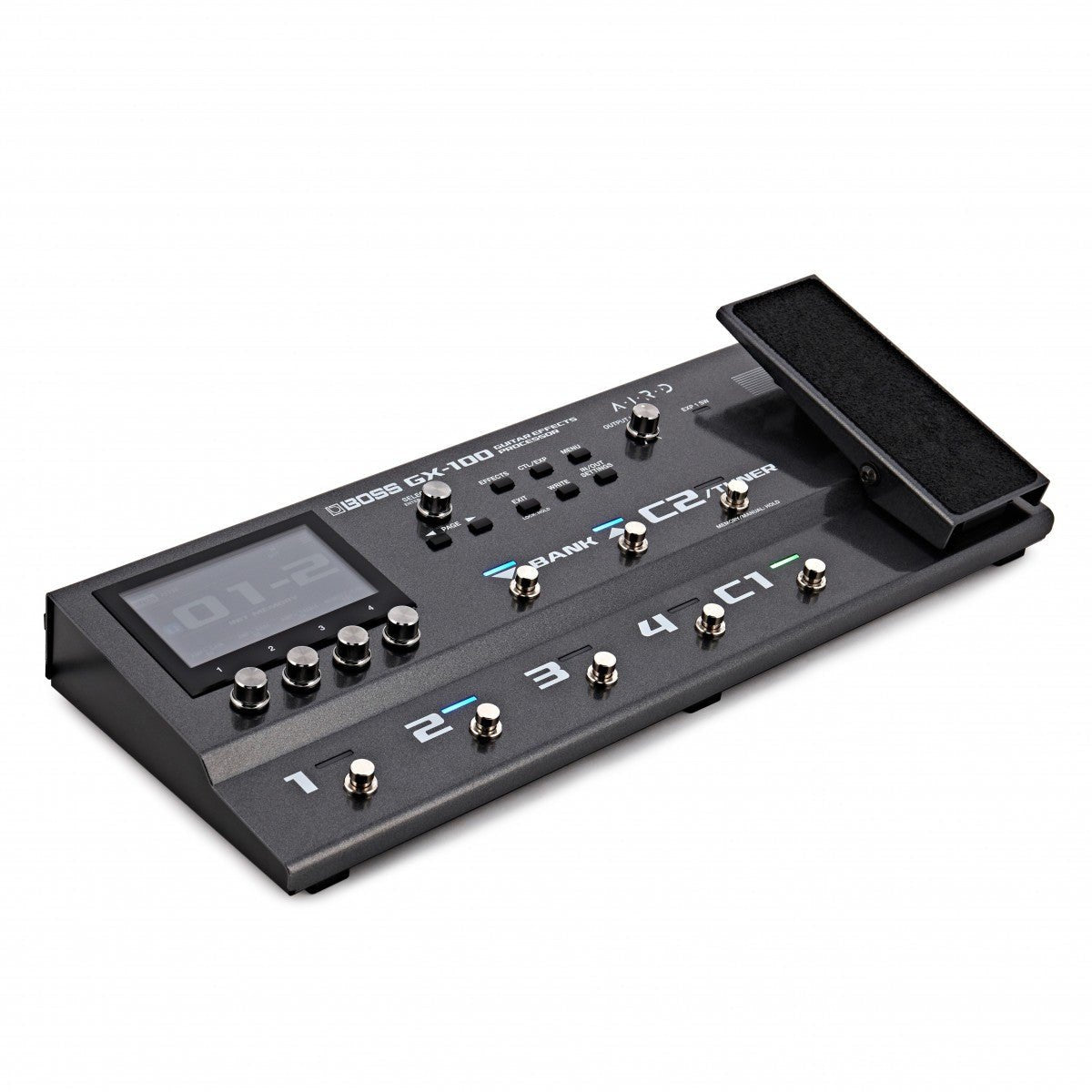 Phơ Tổng BOSS GX-100 – góc nghiêng trái thấy màn hình và hàng công tắc 1–4, C1
