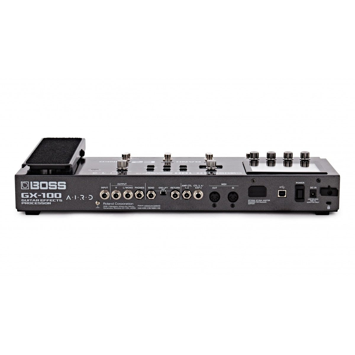 Phơ Tổng BOSS GX-100 – toàn bộ mặt sau với dãy cổng input, output, MIDI và nguồn