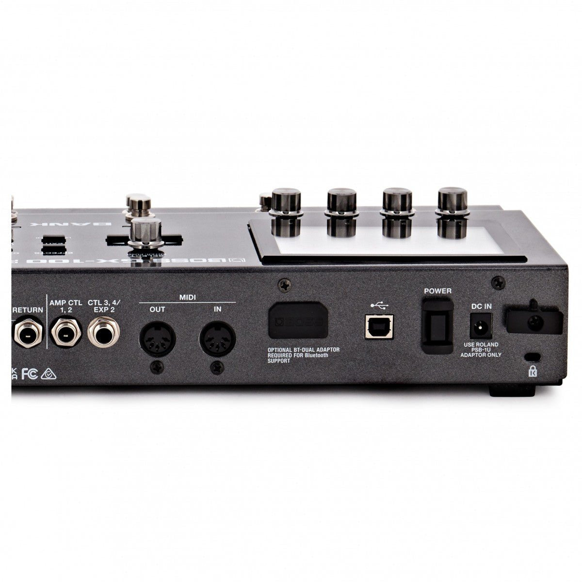 Phơ Tổng BOSS GX-100 – mặt sau phần phải với cổng MIDI, USB, công tắc POWER và DC IN