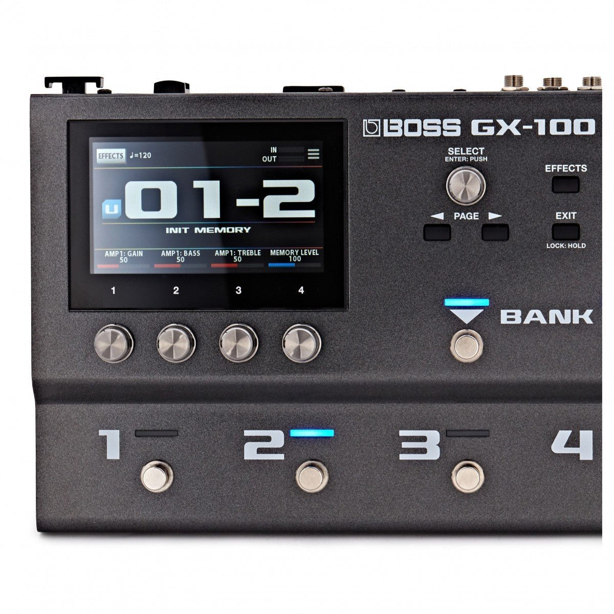 Phơ Tổng BOSS GX-100 – cận cảnh màn hình màu và 4 núm chỉnh bên dưới
