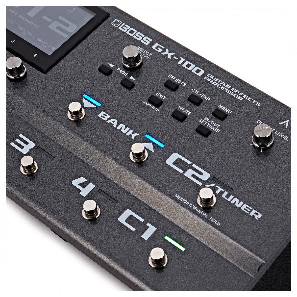 Phơ Tổng BOSS GX-100 – cận cảnh nút BANK, C2/TUNER và cụm phím EFFECTS, MENU