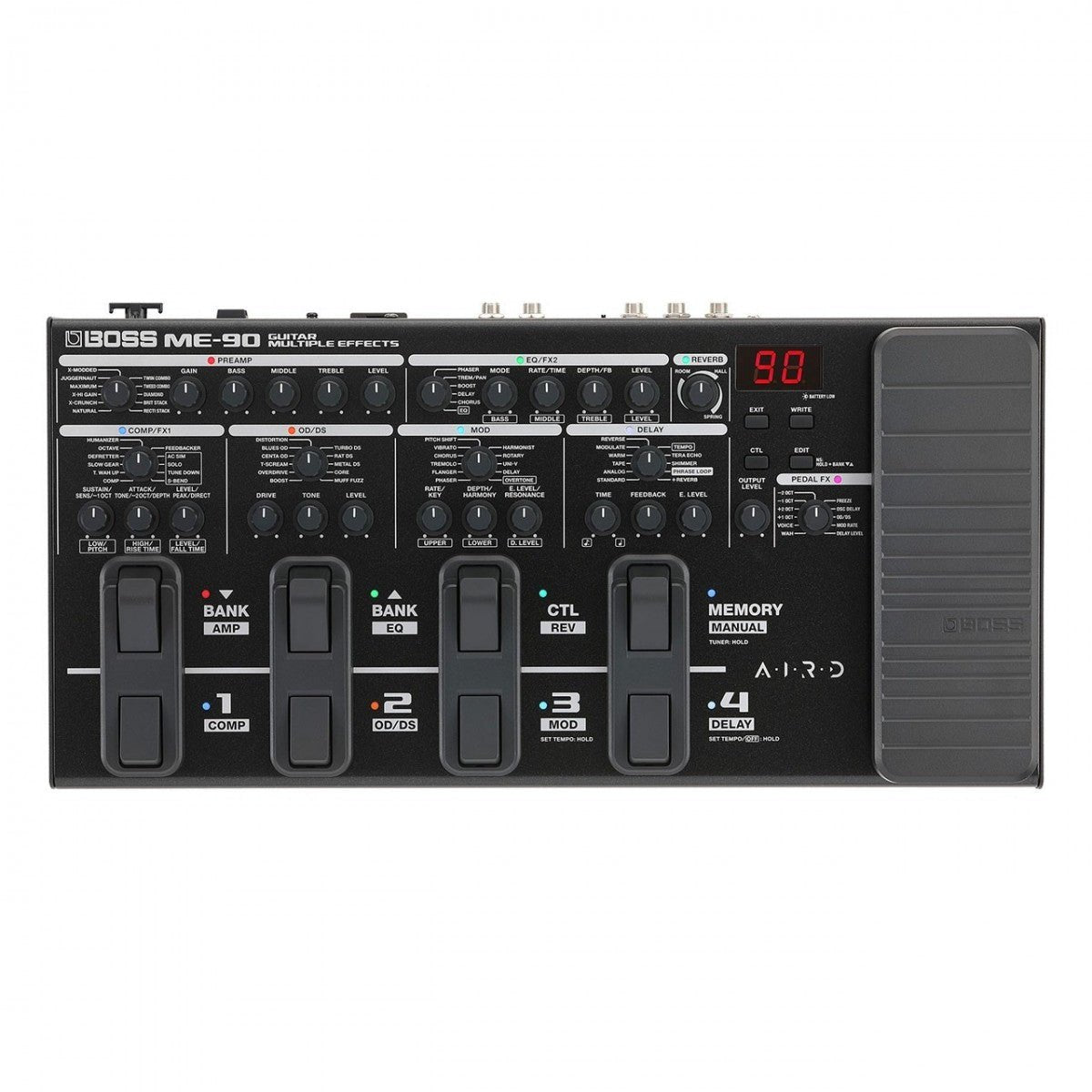 Phơ Tổng BOSS ME-90 – mặt trên với các cụm núm chỉnh, 8 footswitch và pedal expression