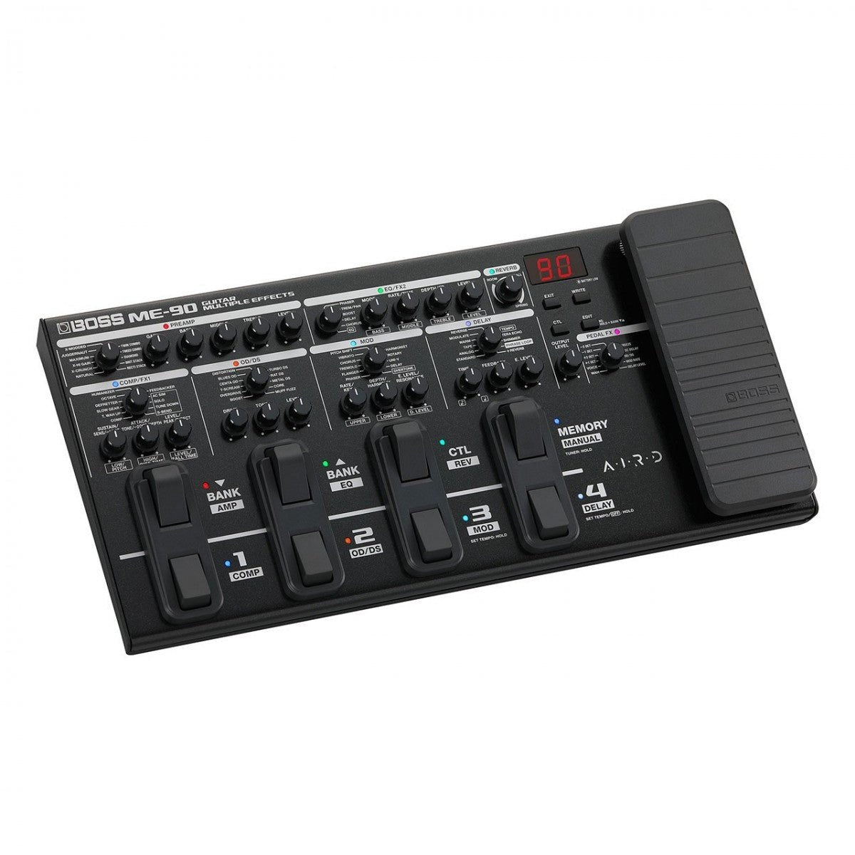 Phơ Tổng BOSS ME-90 – góc nghiêng 3/4 với màn hình LED đỏ và pedal expression