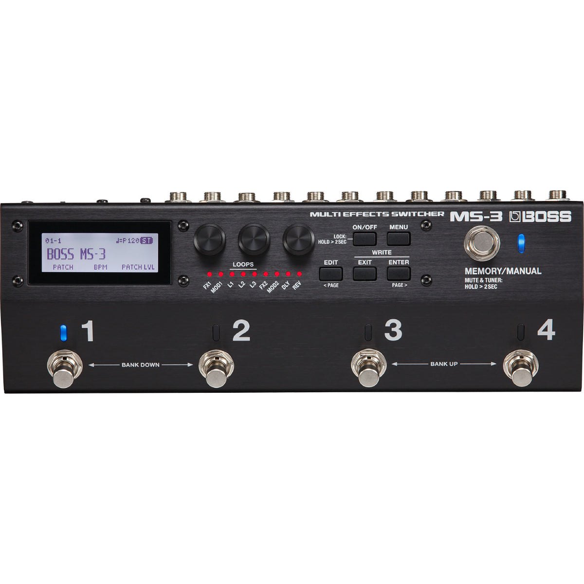 Phơ Tổng BOSS MS-3 Multi Effects Switcher – mặt trước với màn hình, 3 núm, đèn LOOPS và footswitch 1–4