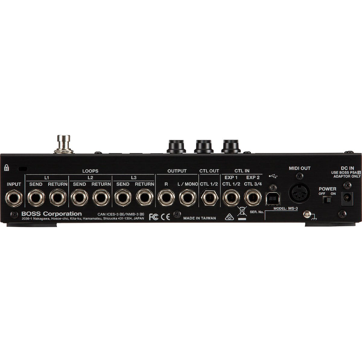 Phơ Tổng BOSS MS-3 Multi Effects Switcher – mặt sau với 3 loop SEND/RETURN, OUTPUT, CTL, EXP, MIDI OUT và USB