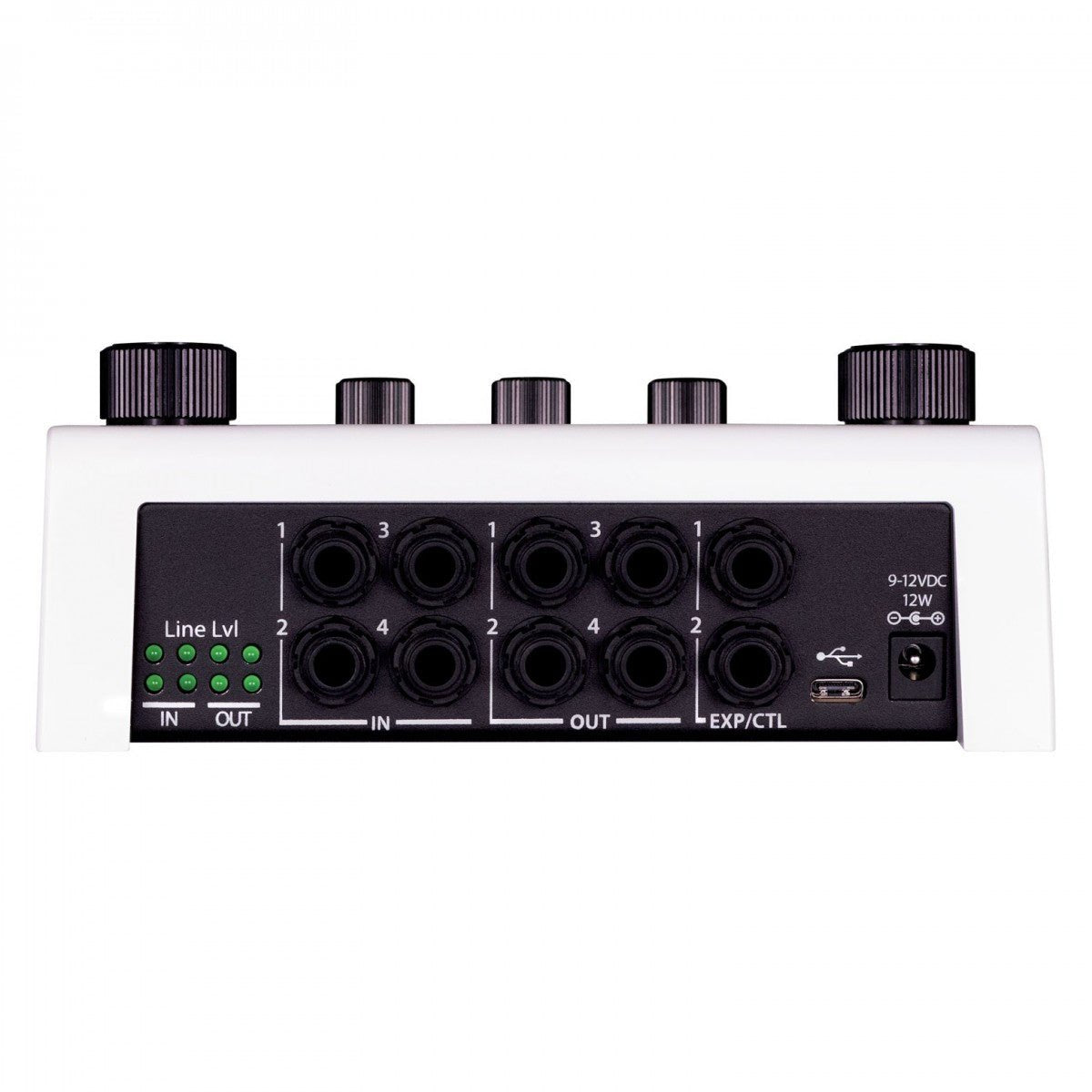 Phơ Tổng Eventide H90 Harmonizer – mặt sau với cổng IN/OUT 1–4, EXP/CTL, USB và nguồn 9-12VDC