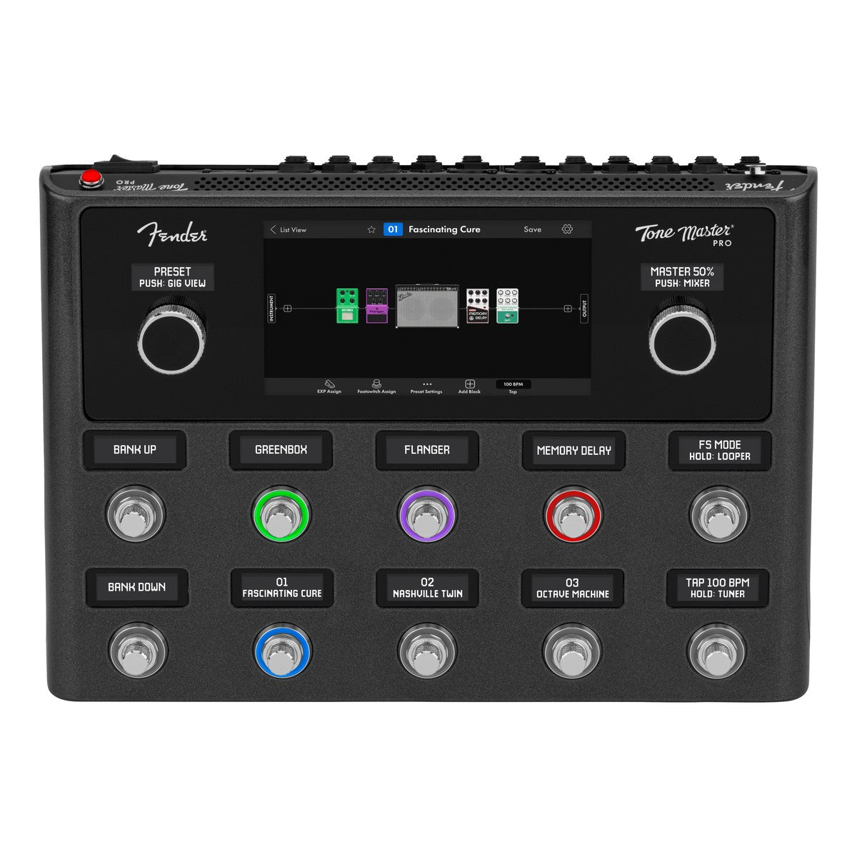 Fender Tone Master Pro chính diện: màn hình cảm ứng 7 inch, núm PRESET, MASTER và 10 footswitch có màn hình LCD