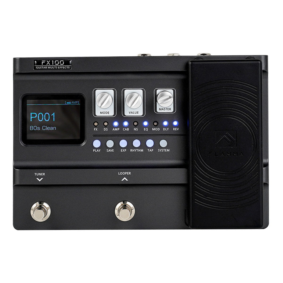 Phơ Tổng Flamma FX100 – mặt trên: màn hình, núm MODE/VALUE/MASTER, đèn khối hiệu ứng, 2 footswitch và pedal expression