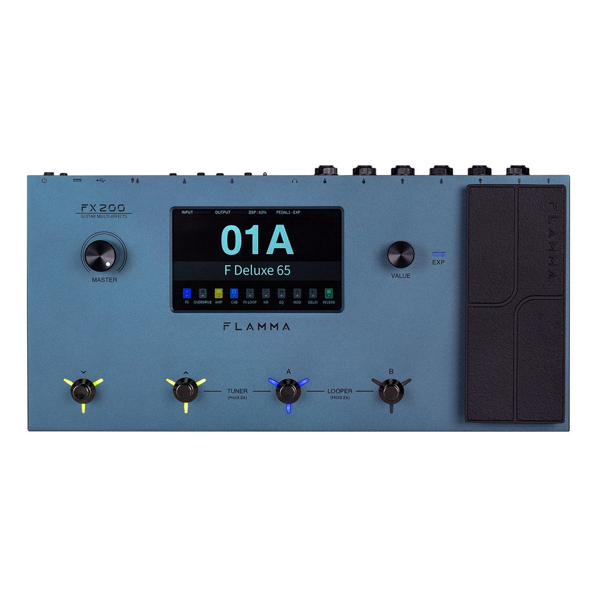 Phơ Tổng Flamma FX200 – mặt trên bản Blue: màn hình cảm ứng 5 inch, núm, 4 footswitch và pedal expression
