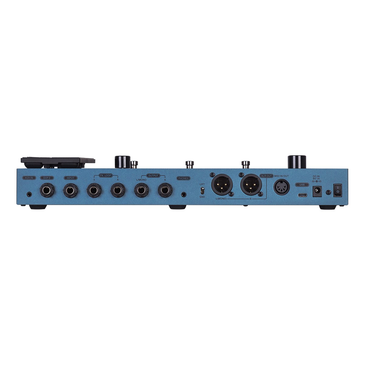 Phơ Tổng Flamma FX200 – mặt sau: AUX IN, EXP 2, INPUT, FX LOOP, OUTPUT, PHONES, XLR OUT, MIDI, USB-C, DC IN 9V 1A, công tắc nguồn