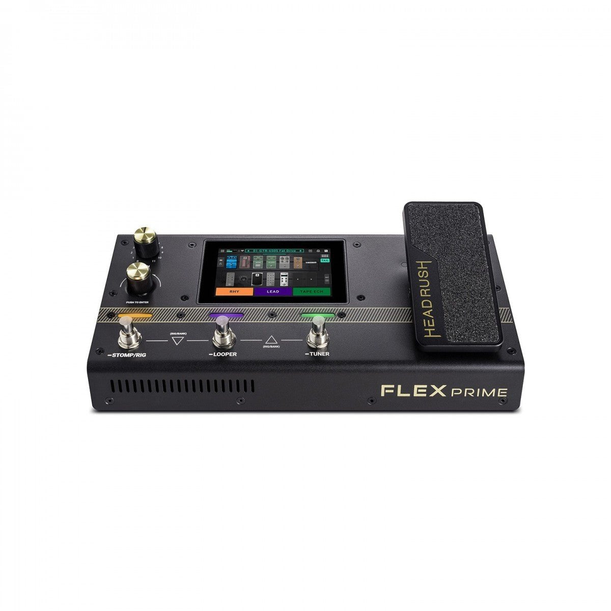 Phơ Tổng HeadRush Flex Prime – nhìn chính diện phía trước, footswitch STOMP/RIG, LOOPER, TUNER