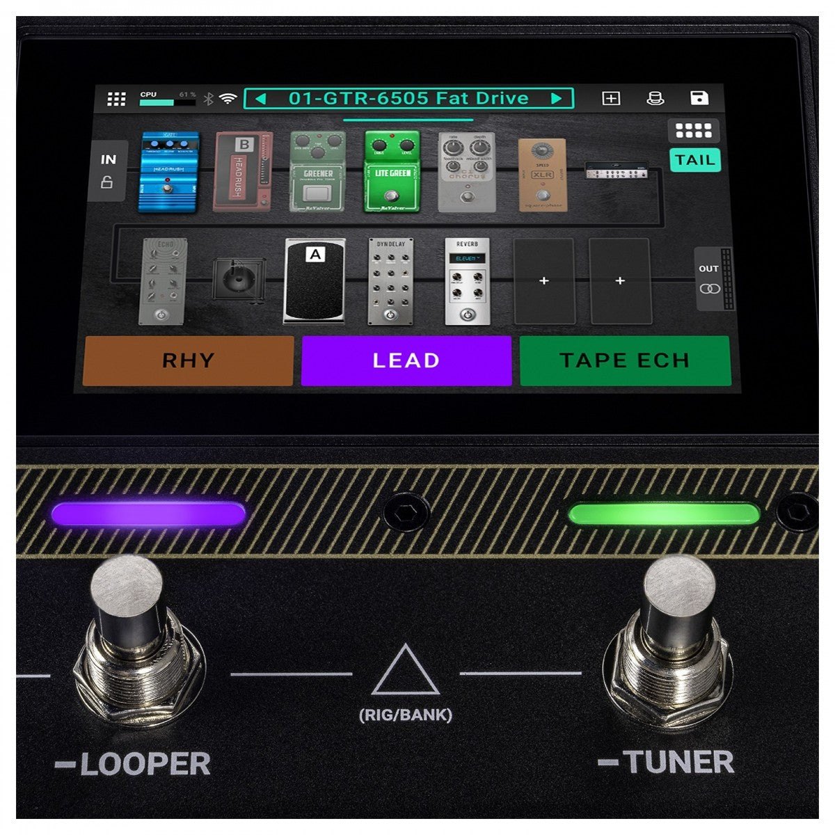 Phơ Tổng HeadRush Flex Prime – cận cảnh màn hình chuỗi hiệu ứng và footswitch LOOPER, TUNER