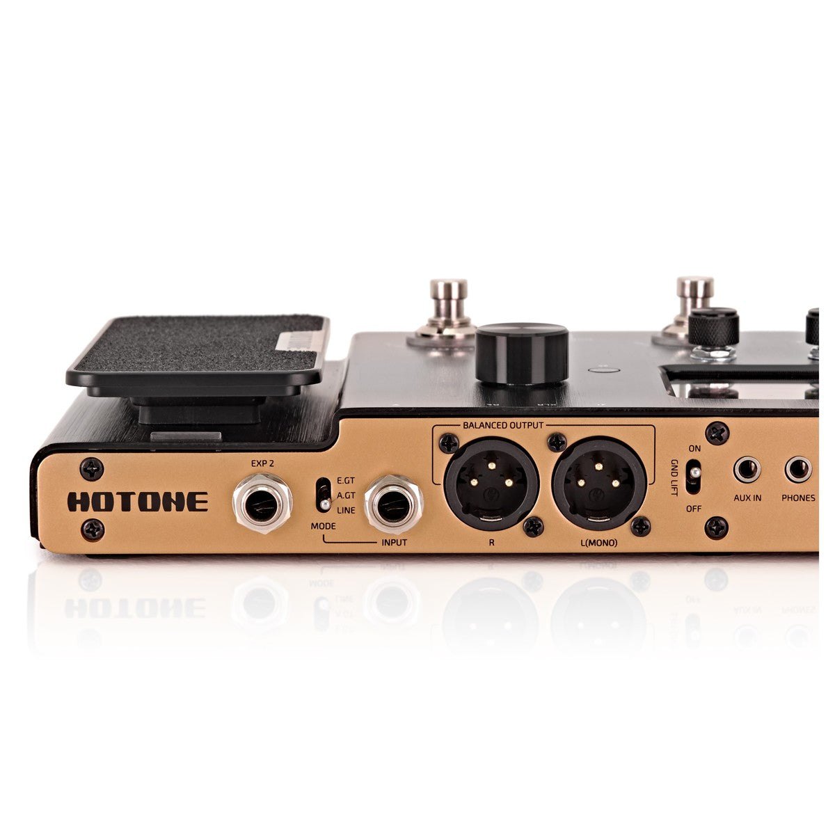 Phơ Tổng Hotone Ampero – cận cảnh mặt sau: EXP 2, công tắc E.GT/A.GT/LINE, INPUT, 2 cổng XLR