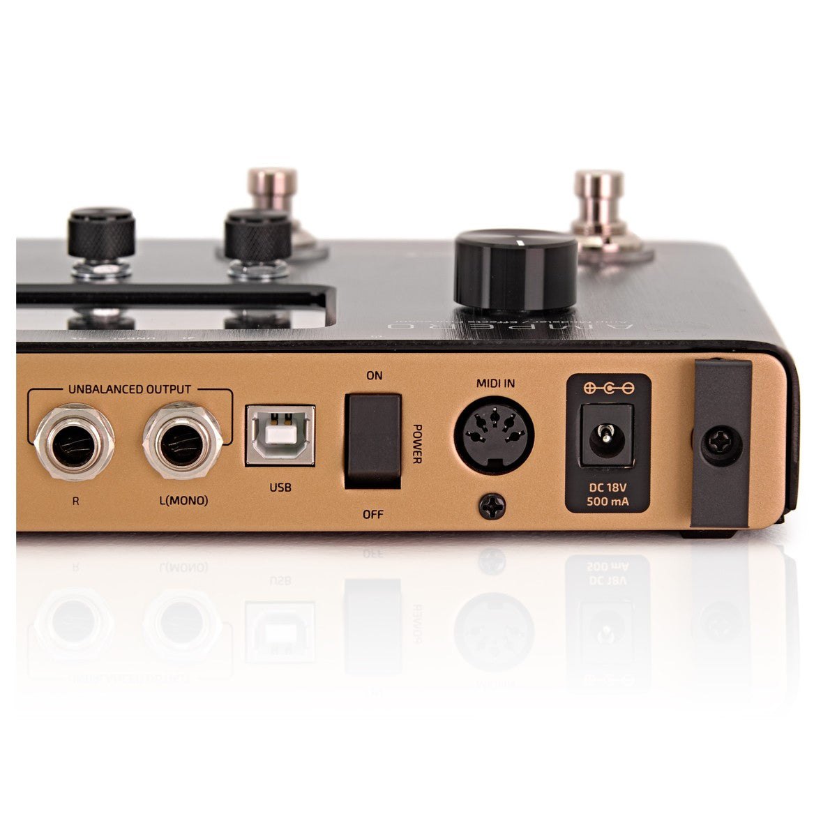 Phơ Tổng Hotone Ampero – cận cảnh mặt sau: UNBALANCED OUTPUT, USB, POWER, MIDI IN, DC 18V