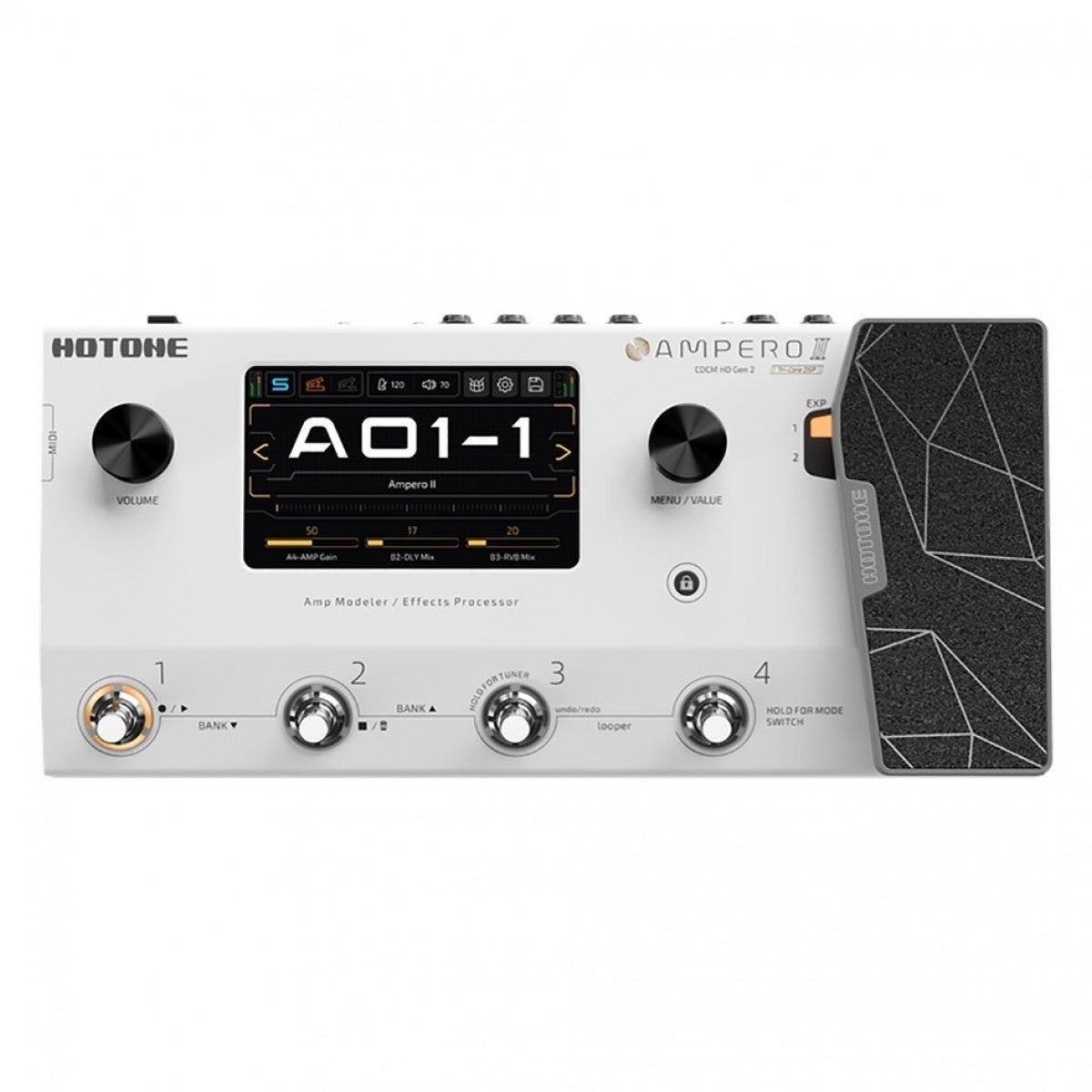 Phơ Tổng Hotone Ampero II – mặt trên với màn hình cảm ứng 5 inch, 4 footswitch và pedal expression