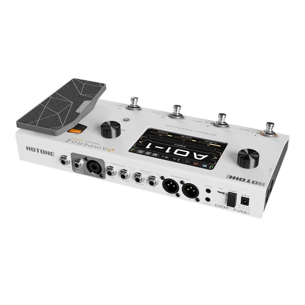Phơ Tổng Hotone Ampero II – góc nghiêng từ phía sau, thấy cụm cổng kết nối và pedal expression