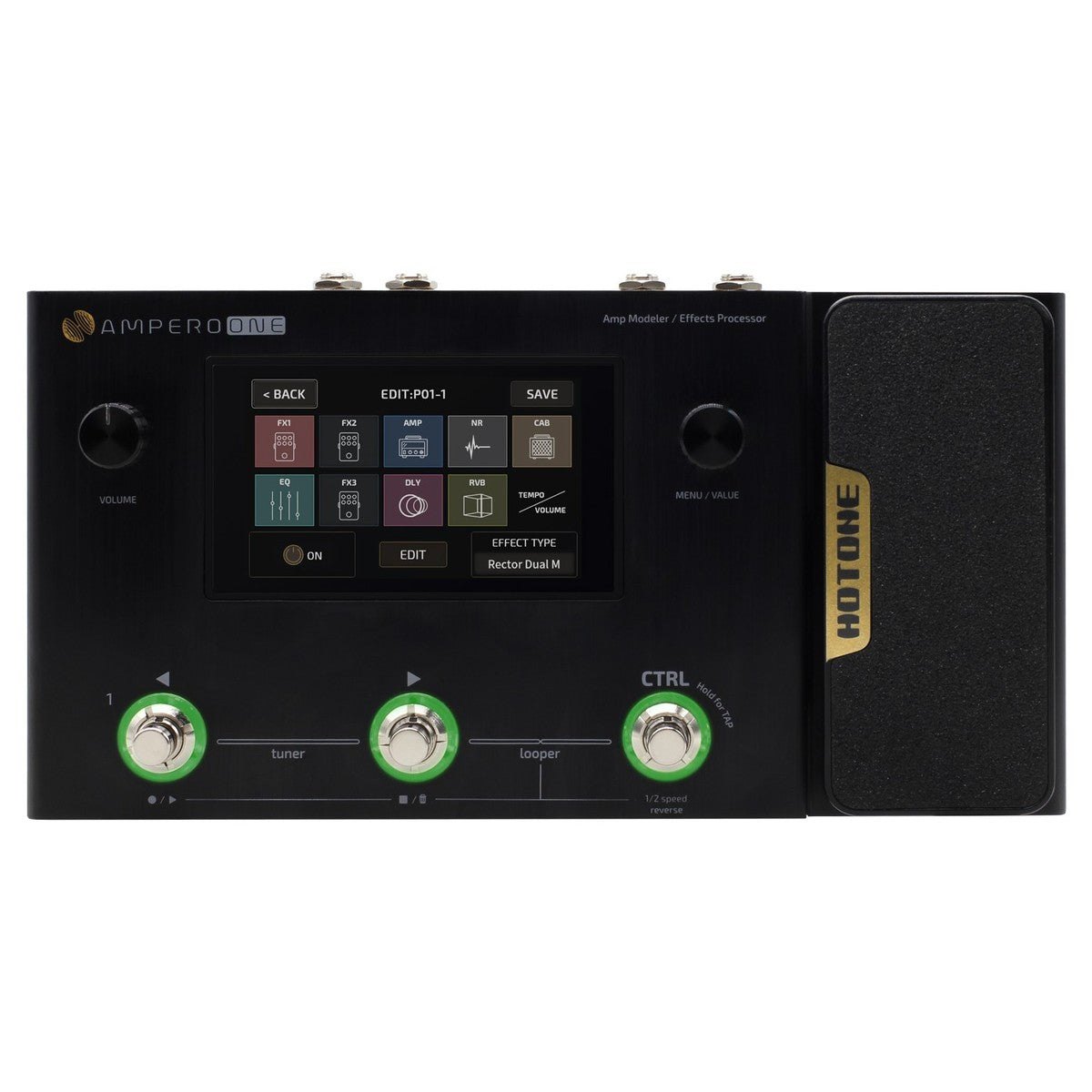 Phơ Tổng Hotone Ampero One – mặt trên với màn hình cảm ứng màu, 3 footswitch và pedal expression