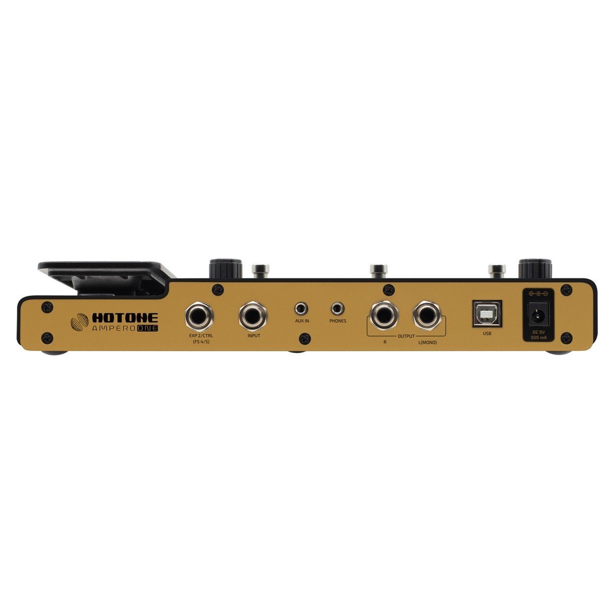 Phơ Tổng Hotone Ampero One – mặt sau màu vàng đồng với các jack vào ra, cổng USB-B và jack nguồn