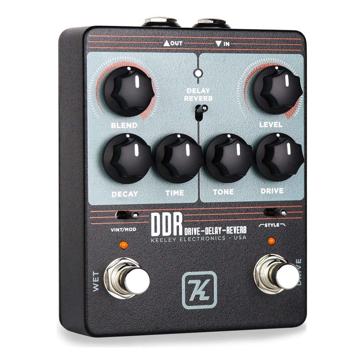 góc nghiêng Keeley DDR thấy công tắc DELAY/REVERB, VINT/MOD và STYLE