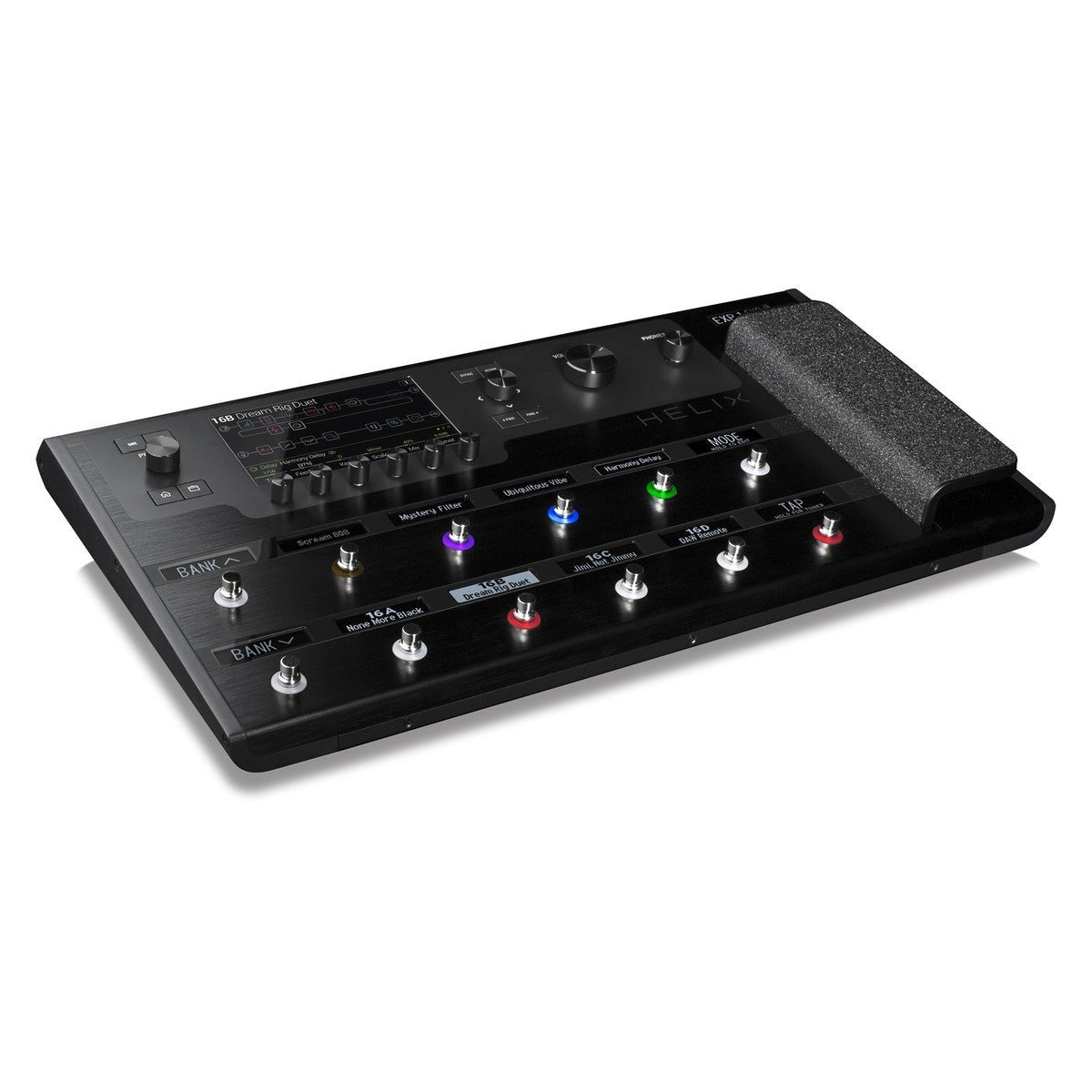 Phơ Tổng Line 6 Helix Floor – góc nghiêng từ bên trái, pedal expression và vỏ nhôm đen