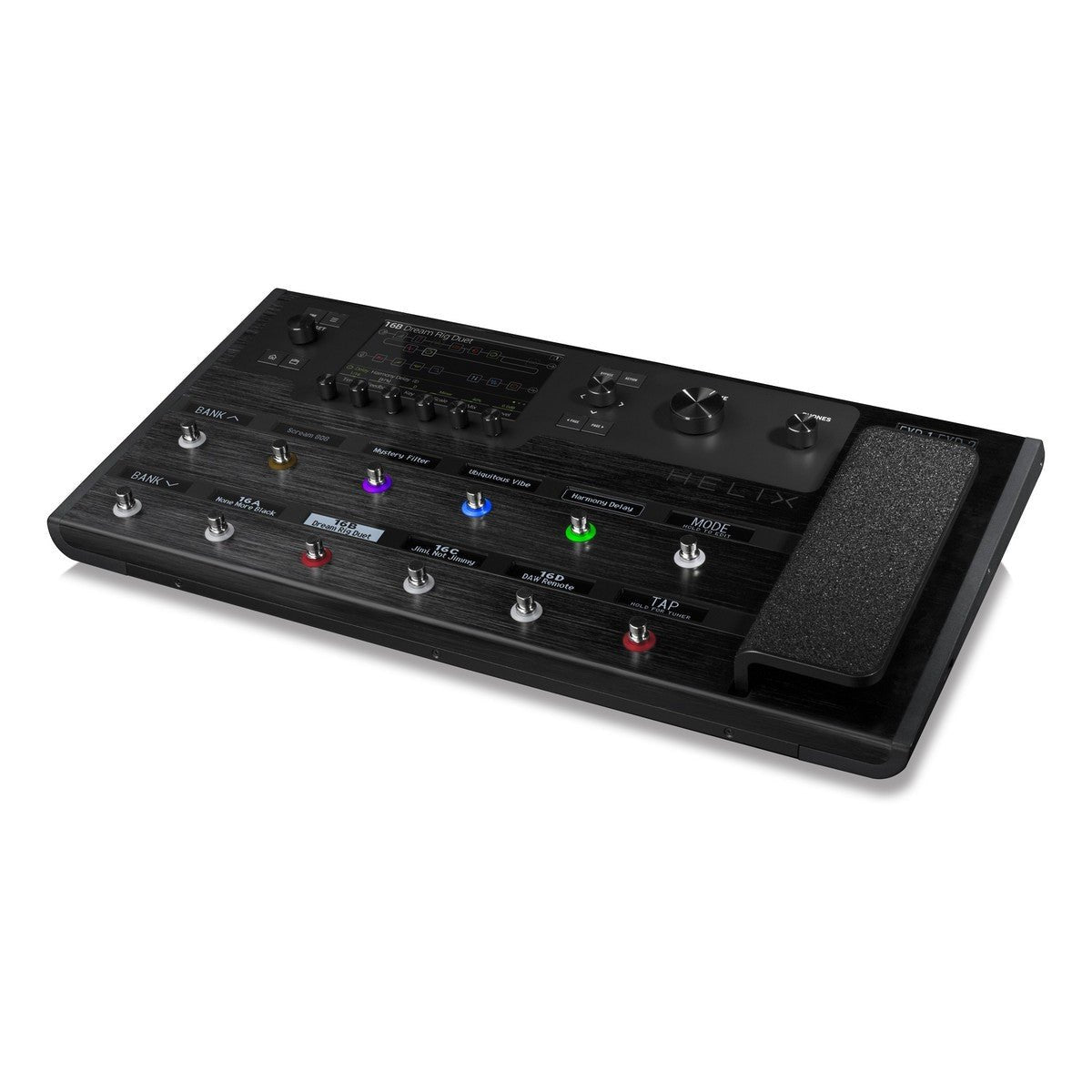 Phơ Tổng Line 6 Helix Floor – góc nghiêng từ bên phải, hàng footswitch và màn hình