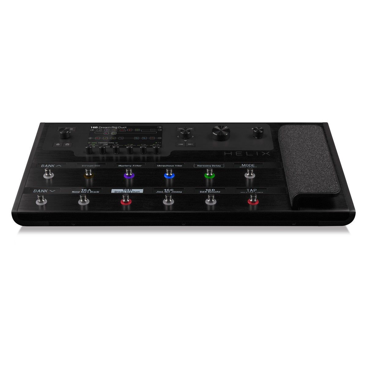 Phơ Tổng Line 6 Helix Floor – nhìn chính diện phía trước, footswitch BANK, MODE, TAP