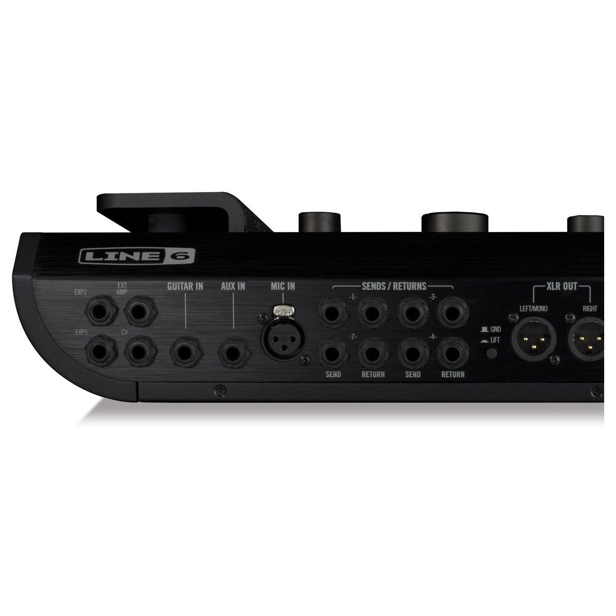 Phơ Tổng Line 6 Helix Floor – cận cảnh mặt sau: GUITAR IN, AUX IN, MIC IN, 4 cặp SEND/RETURN