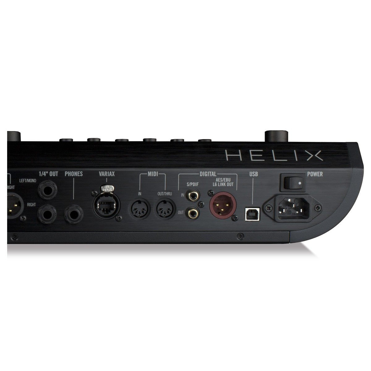 Phơ Tổng Line 6 Helix Floor – cận cảnh mặt sau: 1/4" OUT, PHONES, VARIAX, MIDI, S/PDIF, AES/EBU, USB