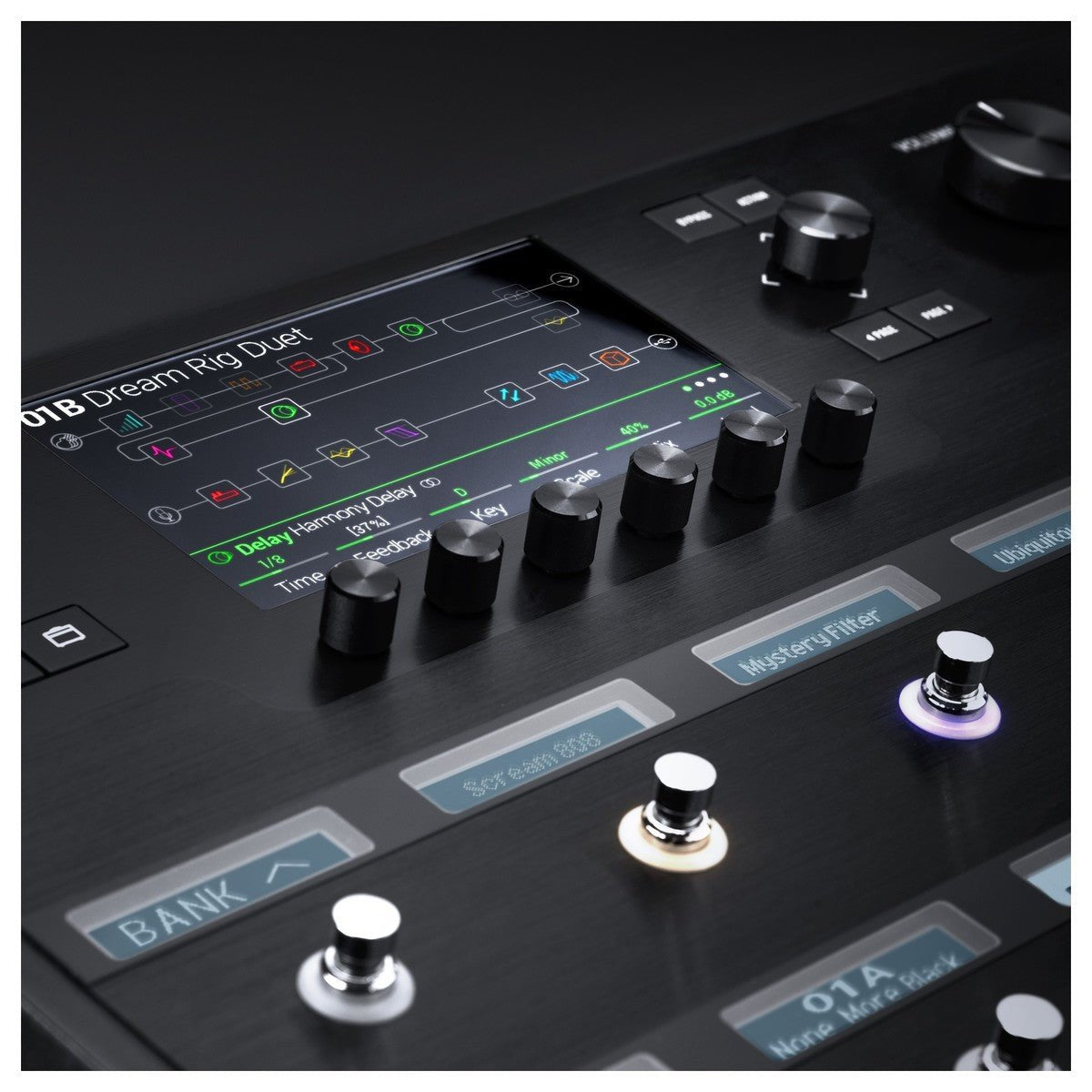 Phơ Tổng Line 6 Helix Floor – cận cảnh màn hình, núm chỉnh và scribble strip trên footswitch