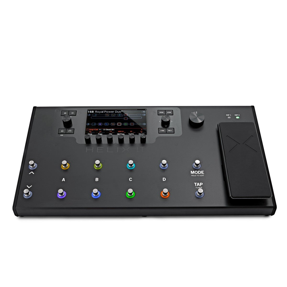Phơ Tổng Line 6 Helix LT – nhìn chính diện phía trước, hàng footswitch A–D, MODE, TAP