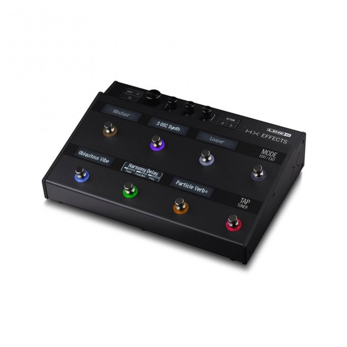 Phơ Tổng Line 6 HX Effects – góc nghiêng 3/4, 8 footswitch và 6 scribble strip hiển thị tên hiệu ứng